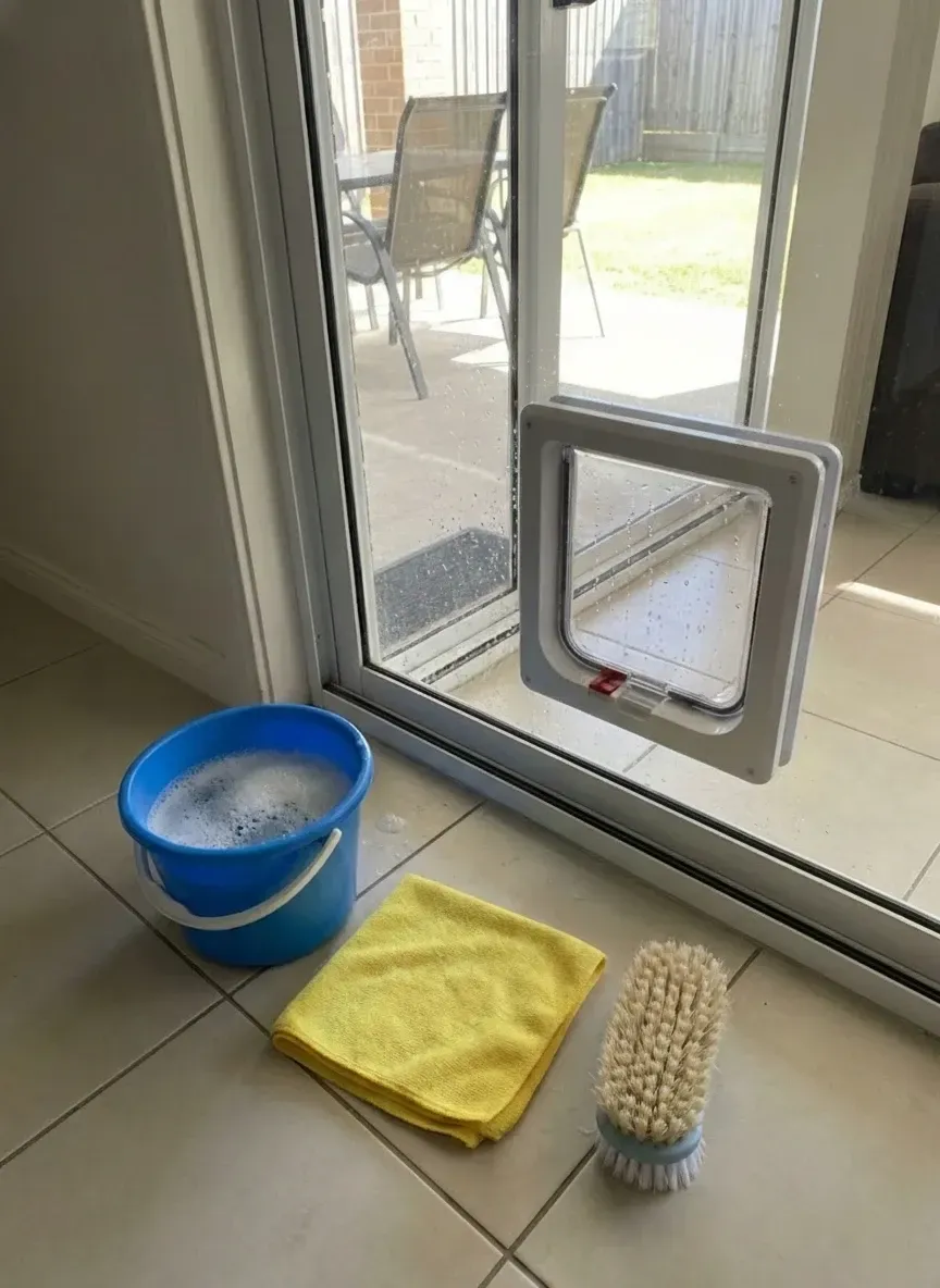 pet door and sliding track maintenance with microfibre cloth and silicone spray