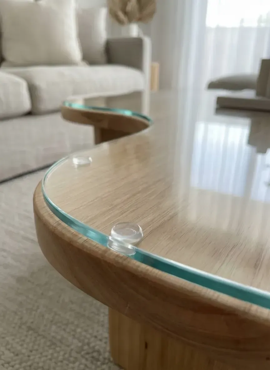 custom glass protector on curved coffee table showing exact fit and polished edge